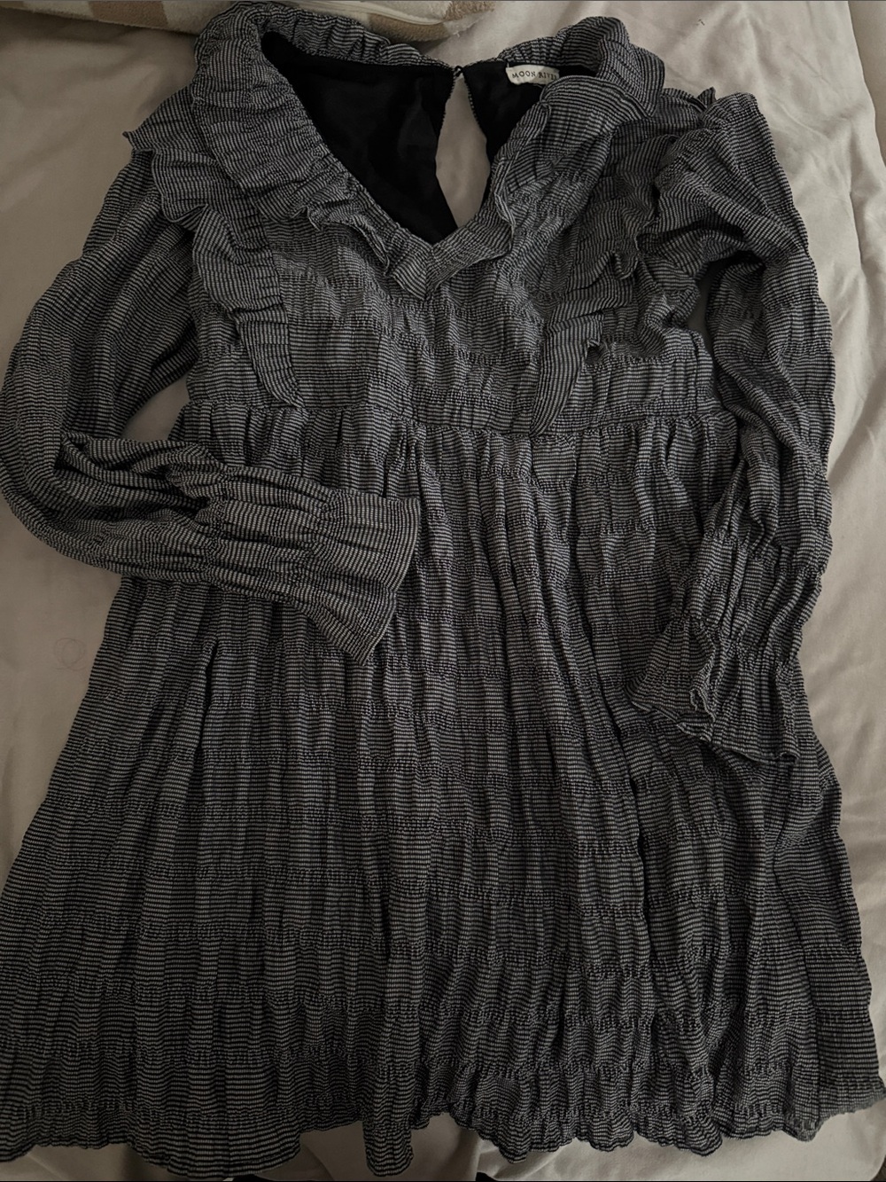 Moon River Black and White Long Sleeve Ruffle Dress